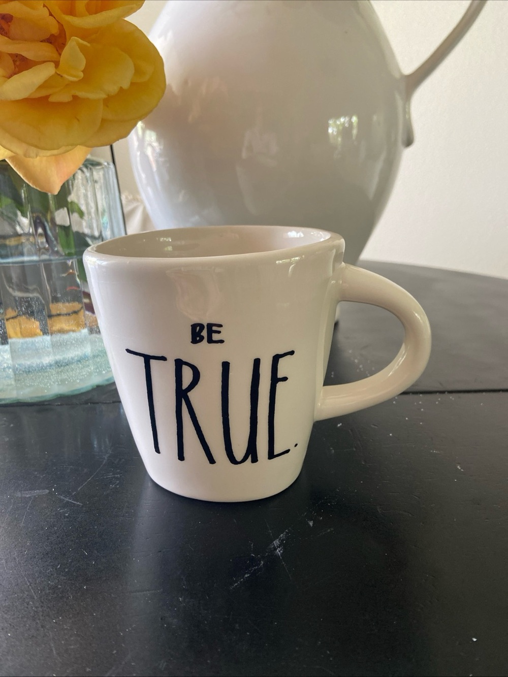 Cost Plus World Market White Ceramic Mug with Navy 'Be True' Lettering